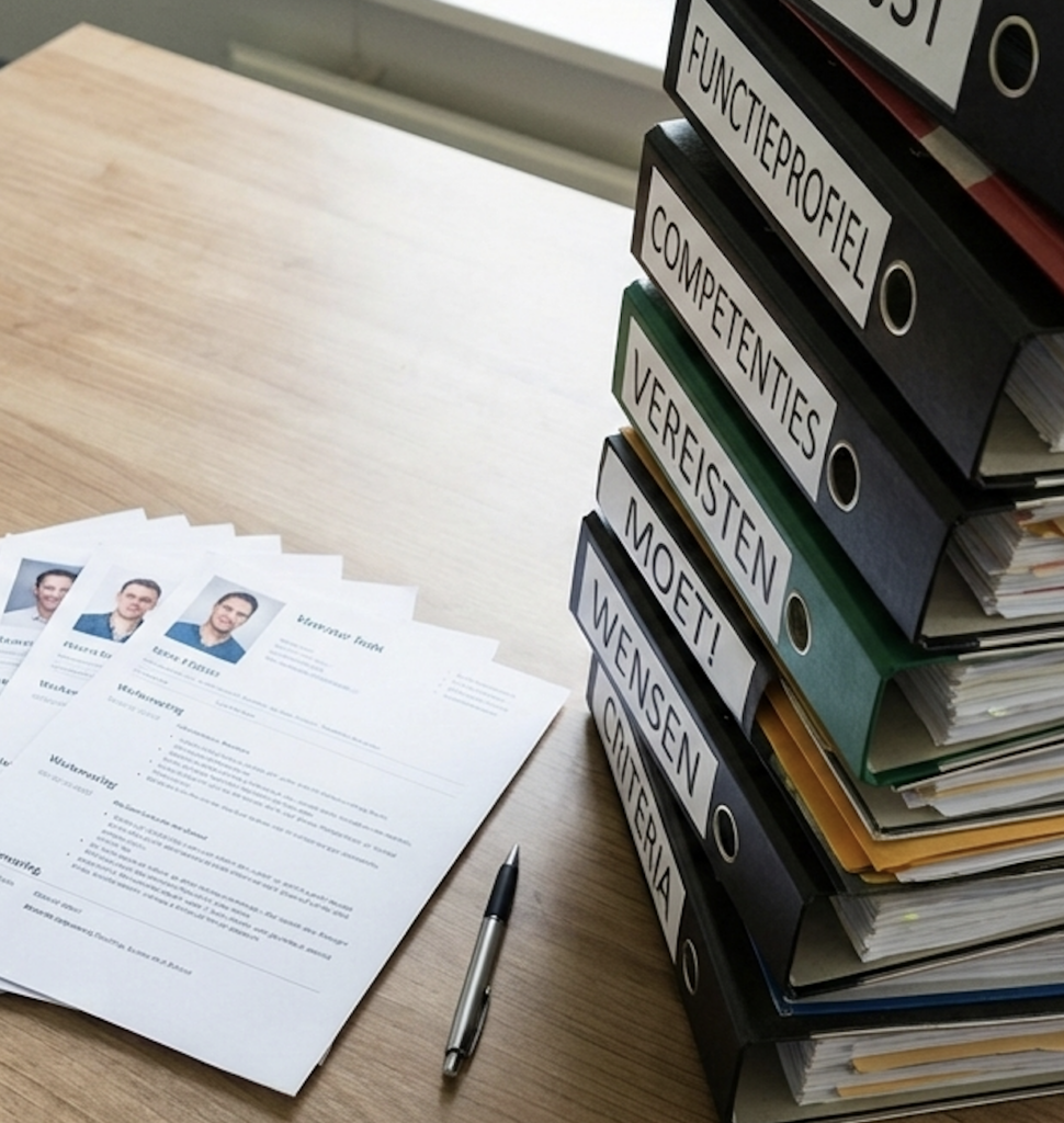 Op de afbeelding zie je een enorme stapel met mappen met daarin de eisen die de organisatie stelt aan de gezochte privacy expert. Daarnaast ligt een heel dun stapeltje met vier CV's van mogelijke kandidaten.